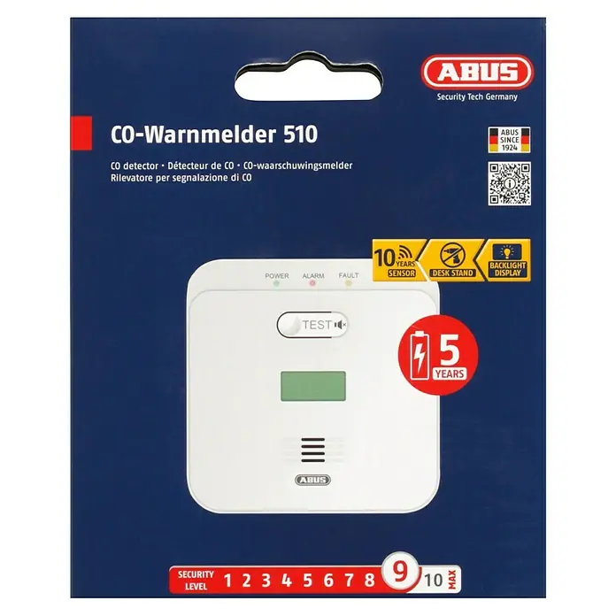 Abus Kohlenmonoxidmelder COWM 510 - Batterielaufzeit: 5 Jahre - ABUS CO-Warnmelder 510: Zuverlässiger Schutz vor Kohlenmonoxid mit 10-Jahres-Sensor und 5-Jahres-Batterie für maximale Sicherheit.