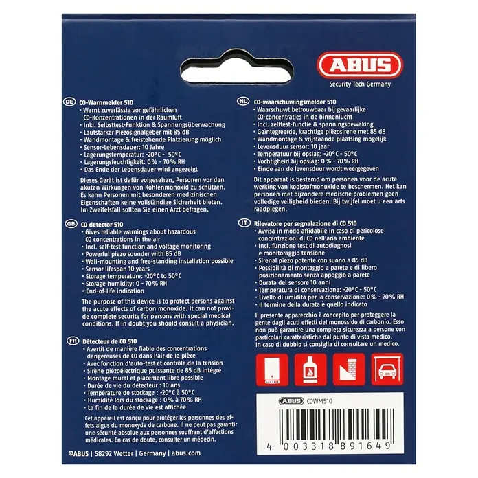 Abus Kohlenmonoxidmelder COWM 510 - Batterielaufzeit: 5 Jahre - ABUS CO-Warnmelder 510: Zuverlässiger Schutz vor Kohlenmonoxid mit akustischem Signal, Selbsttestfunktion und langer Lebensdauer.