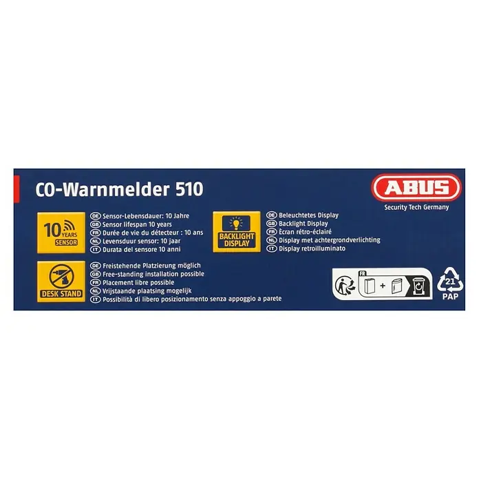 Abus Kohlenmonoxidmelder COWM 510 - Batterielaufzeit: 5 Jahre - Produktverpackung für den ABUS CO-Warnmelder 510 mit Hinweisen zu Sensorlebensdauer, Displaybeleuchtung und freistehender Montage.