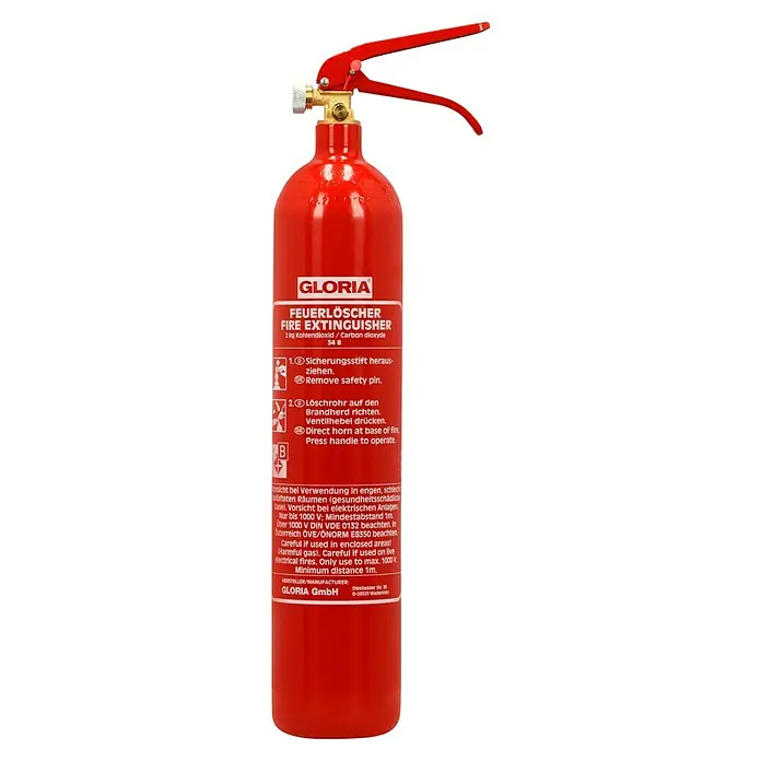 Gloria Feuerlöscher KS 2 ST - 2 kg, Löschmittel: Kohlendioxid - Roter Gloria Feuerlöscher mit Anleitung und Sicherheitsvorkehrungen für den Einsatz in verschiedenen Situationen.