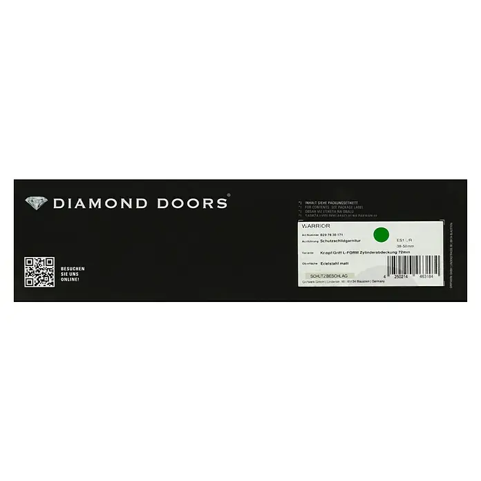 Diamond Doors Modern Schutzbeschlag warrior Schildgarnitur - Wohnungsabschlusstür, Stärke Tür: 35 mm - 45 mm, Edelstahl matt, Knopf außen, Drücker innen, DIN 18257 ES1 - Abbildung einer Diamond Doors Schutzbeschlag-Garnitur "Warrior" mit L-förmigem Griff und Zylinderabdeckung, ideal für Sicherheit.