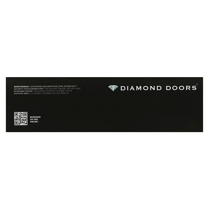 Diamond Doors Modern Schutzbeschlag warrior Schildgarnitur - Wohnungsabschlusstür, Stärke Tür: 35 mm - 45 mm, Edelstahl matt, Knopf außen, Drücker innen, DIN 18257 ES1 - Das Bild zeigt eine schwarze Verpackung von Diamond Doors mit einem QR-Code und mehrsprachigen Produktinformationen.
