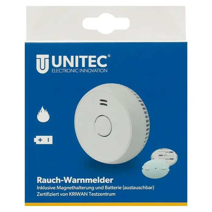 UniTEC Rauchwarnmelder Kriwan/TÜV - Durchmesser: 90 mm, Alarmsignal: 85 dB - Rauchwarnmelder von Unitec mit Magnethalterung und Batterie. Der Melder ist weiß und hat ein schlichtes Design für mehr Sicherheit im Haus.