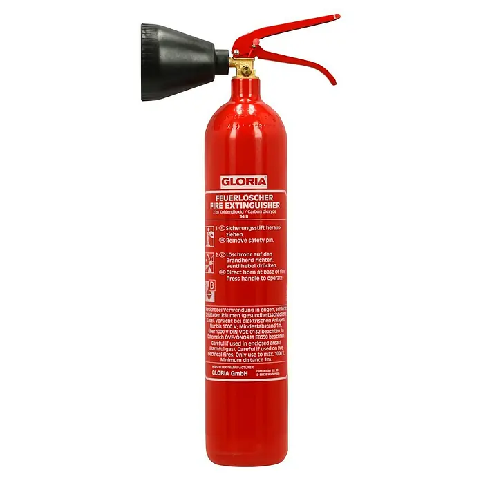 Gloria Feuerlöscher KS 2 ST - 2 kg, Löschmittel: Kohlendioxid - Roter Gloria Feuerlöscher, gefüllt mit 2 kg Kohlendioxid, mit schwarzem Trichter und rotem Griff für den schnellen Einsatz im Notfall.