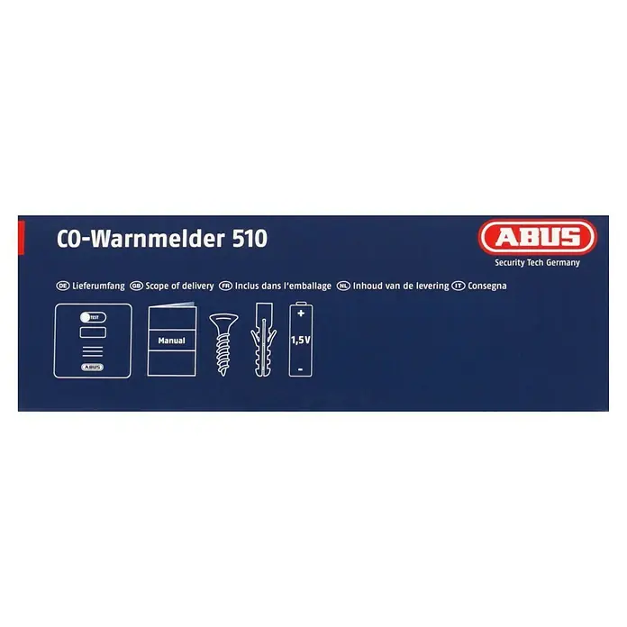Abus Kohlenmonoxidmelder COWM 510 - Batterielaufzeit: 5 Jahre - Darstellung des Lieferumfangs des ABUS CO-Warnmelder 510, inklusive Melder, Anleitung, Schrauben, Dübel und einer 1,5V Batterie.