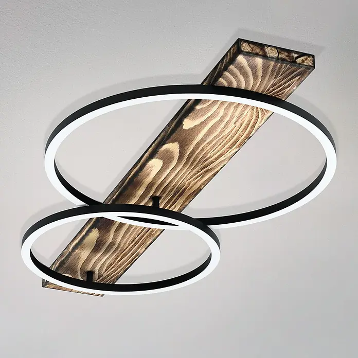 Eglo Boyal LED-Deckenleuchte - 24 W, 78 x 40 x 9 cm, Schwarz/Holz rustikal, Warmweiß, Anzahl Leuchtmittel: 2 Stk. - Moderne Deckenleuchte mit Holzdetails und zwei LED-Ringen in Schwarz-Weiß für stilvolle Beleuchtung.