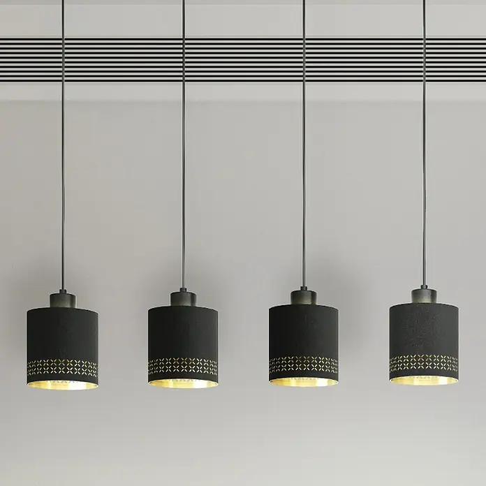 Eglo Esteperra Pendelleuchte rund - 240 W, Schwarz/Gold, E27, 4 Stk. - Vier stilvolle, schwarze Zylinder-Pendelleuchten mit dekorativen, goldenen Mustern setzen moderne Akzente im Raum.