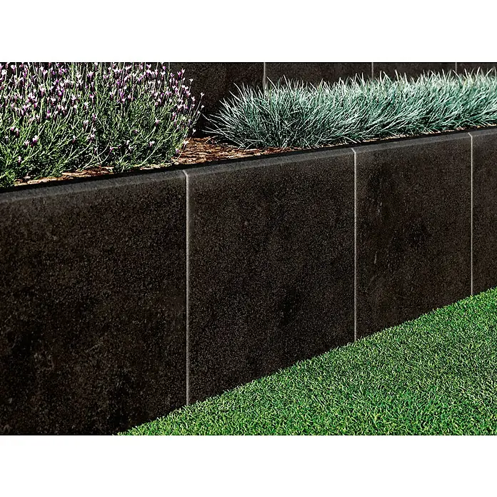 Diephaus L-Stein - 40 cm, 50 cm, Stärke: 7 cm, Anthrazit - Schwarze Gartenmauer mit Bepflanzung. Elegante und moderne Gestaltung für Außenbereiche, ideal für strukturierte Gärten und stilvolle Akzente.