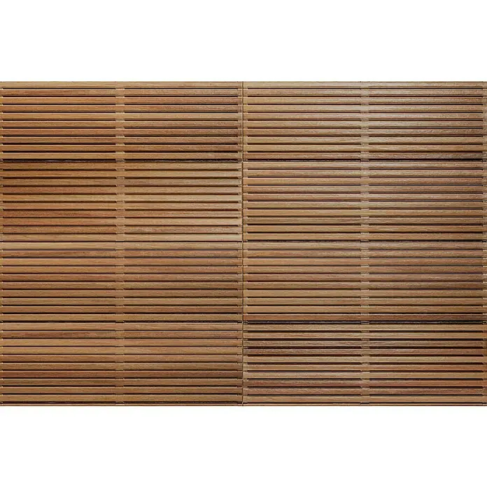Wandfliese Spa Cuero Dekor - 30 x 90 cm, Braun, Matt - Detailaufnahme von Holzfliesen, die ein warmes, horizontales Streifenmuster mit feinen Schatten für eine natürliche Optik erzeugen.