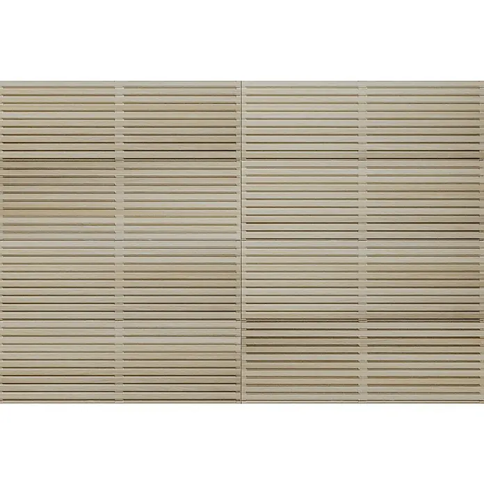 Wandfliese Spa Beige Dekor - 30 x 90 cm, Beige, Matt - Dieses Bild zeigt eine Nahaufnahme von hellen Holzpaneelen mit horizontalen Lamellen, die eine moderne und natürliche Textur erzeugen. Ideal für Innenräume.