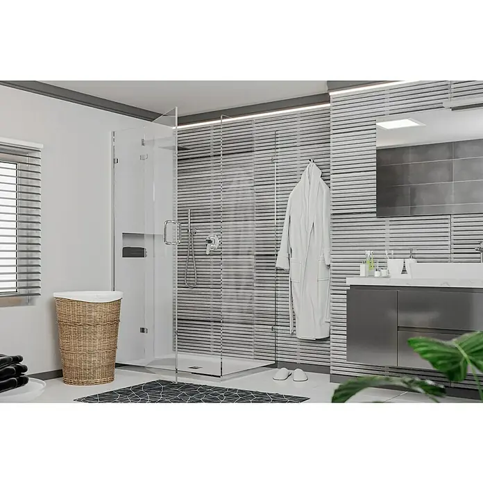 Wandfliese Spa Perla Dekor - 30 x 90 cm, Grau, Matt - Elegantes Badezimmer mit einer modernen Duschkabine aus Glas, einem stilvollen Waschtisch und dekorativen Elementen.