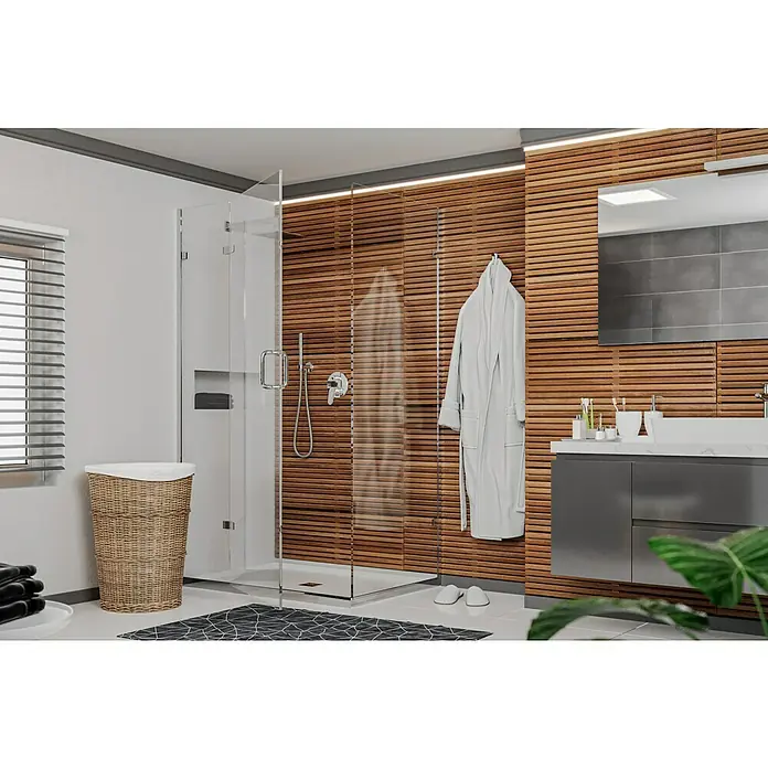 Wandfliese Spa Cuero Dekor - 30 x 90 cm, Braun, Matt - Ein modernes Badezimmer mit einer begehbaren Dusche, Holzpaneelen und einem grauen Waschtisch mit Spiegel für ein elegantes Ambiente.