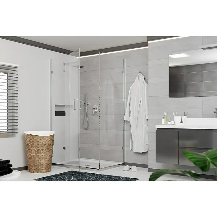 Wandfliese Spa Perla Base - 30 x 90 cm, Grau, Matt - Ein modernes Badezimmer mit einer begehbaren Dusche mit Glaswänden, einem grauen Waschtisch und einem Wäschekorb für ein elegantes Ambiente.