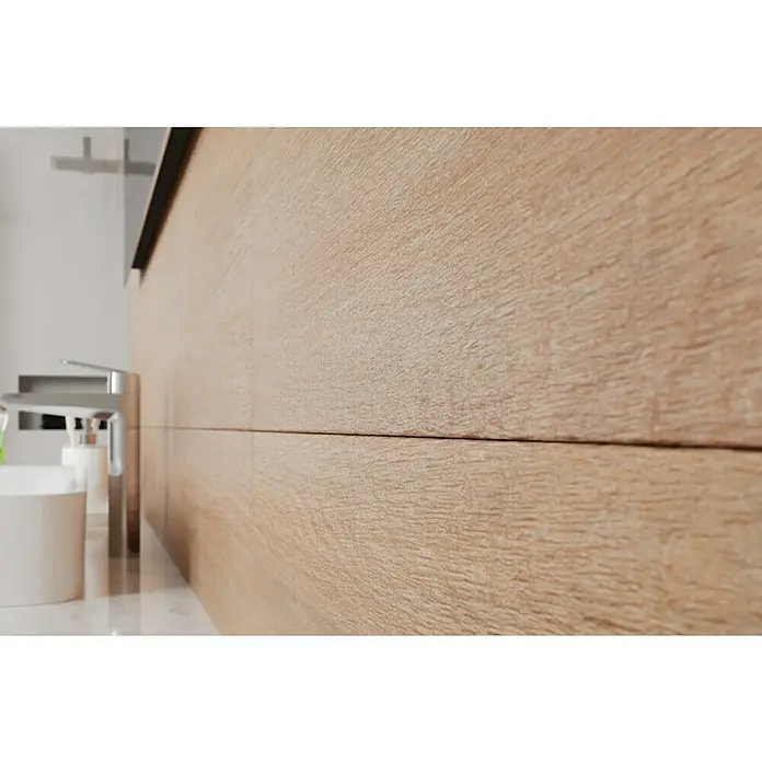Wandfliese Spa Beige Base - 30 x 90 cm, Beige, Matt - Nahaufnahme eines modernen Badezimmers mit Holzschrank und elegantem Waschbecken.