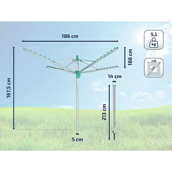 Leifheit Wäschespinne Linomatic 400 Easy - Länge Wäscheleine: 40 m, Geeignet für Anzahl Waschmaschinenfüllungen: 4 Stk. - Bild einer drehbaren Wäschespinne mit Maßangaben zu Höhe, Breite und Gewicht, ideal für den Garten.