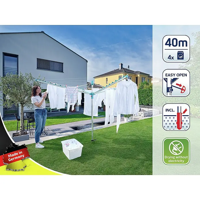 Leifheit Wäschespinne Linomatic 400 Easy - Länge Wäscheleine: 40 m, Geeignet für Anzahl Waschmaschinenfüllungen: 4 Stk. - Wäschespinne im Garten mit aufgehängter Wäsche, Frau und Korb. Ideal für stromsparendes Trocknen im Freien mit 40m Leinenlänge.