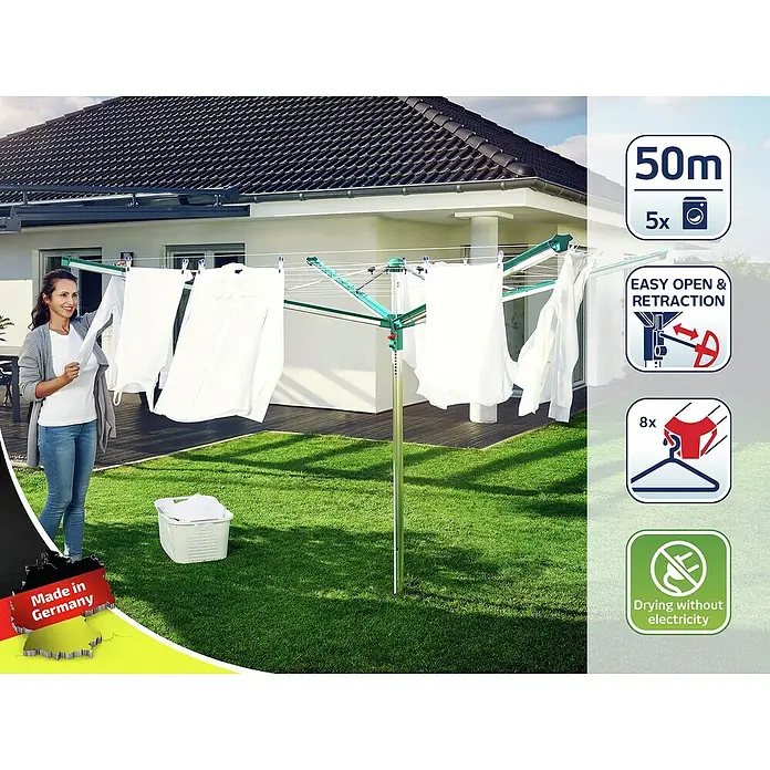 Leifheit Wäschespinne Linomatic 500 Deluxe Cover - Länge Wäscheleine: 50 m, Geeignet für Anzahl Waschmaschinenfüllungen: 5 Stk. - Wäschespinne mit aufgehängter, weißer Wäsche im Garten mit den Produkteigenschaften im Bild.