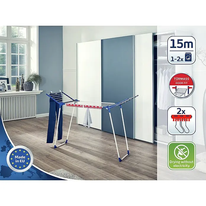 Leifheit Flügel-Wäscheständer Pegasus 150 Solid Slim - Länge Wäscheleine: 15 m, L x B x H: 87 x 55 x 157 cm, Weiß/Blau - Wäscheständer mit blau-weissen Akzenten, ideal zum Trocknen von Kleidung. Das Produkt wirbt mit "Made in EU" und "Trocknen ohne Strom".