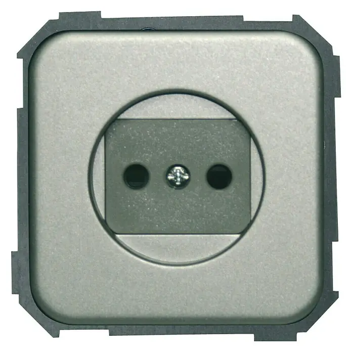 Simon 31 Enchufe - Aluminio, 2P, Plástico, Instalar - Primer plano de una toma de corriente cuadrada en gris con un corte redondo y un tornillo en el centro.