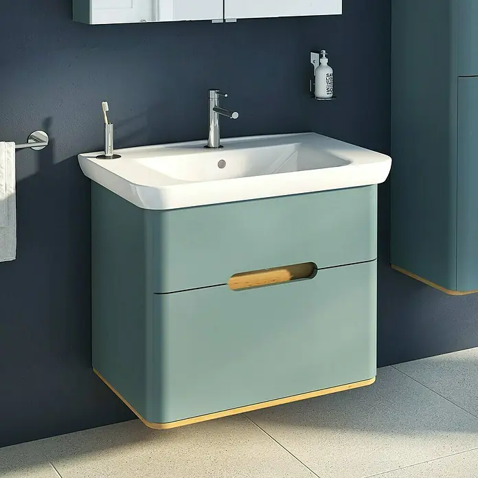 VitrA Sento Badmöbel-Set - 80 cm, Fjordgrün, 2 Schubladen, Mit Wäschekorb - Ein modernes Badezimmerwaschbecken mit zwei blauen Schubladen und einem weißen Waschbeckenaufsatz. Elegantes Design für Ihr Bad.