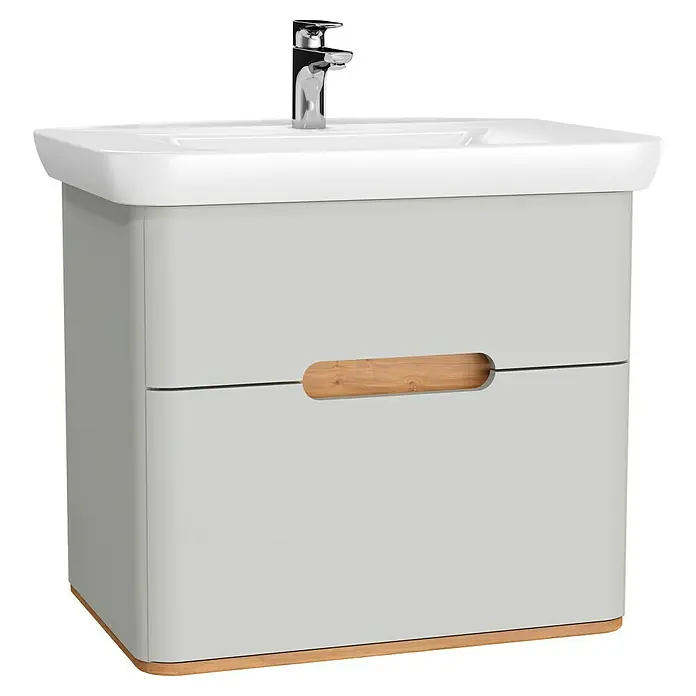 VitrA Sento Badmöbel-Set - 80 cm, Hellgrau, 2 Schubladen, Ohne Wäschekorb - Moderner Waschtischunterschrank in Grau mit Holzdetails und einem stilvollen Waschbecken, ideal für ein modernes Badezimmer.