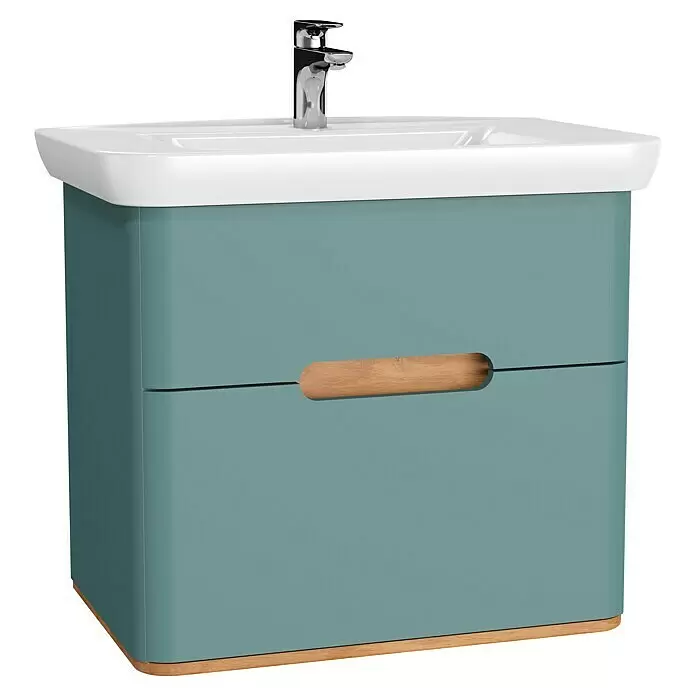 VitrA Sento Badmöbel-Set - 80 cm, Fjordgrün, 2 Schubladen, Mit Wäschekorb - Diagonale Ansicht