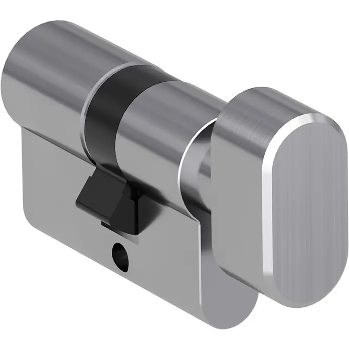 Diamond Doors Knaufzylinder WC/Bad für Bandseite EO - Baulänge innen: 16 mm, Baulänge außen: 21,5 mm - Detailaufnahme eines Zylinderschlosses aus Metall mit einem schwarzen Ring in der Mitte. Das Schloss ist für Sicherheit und Schutz konzipiert.