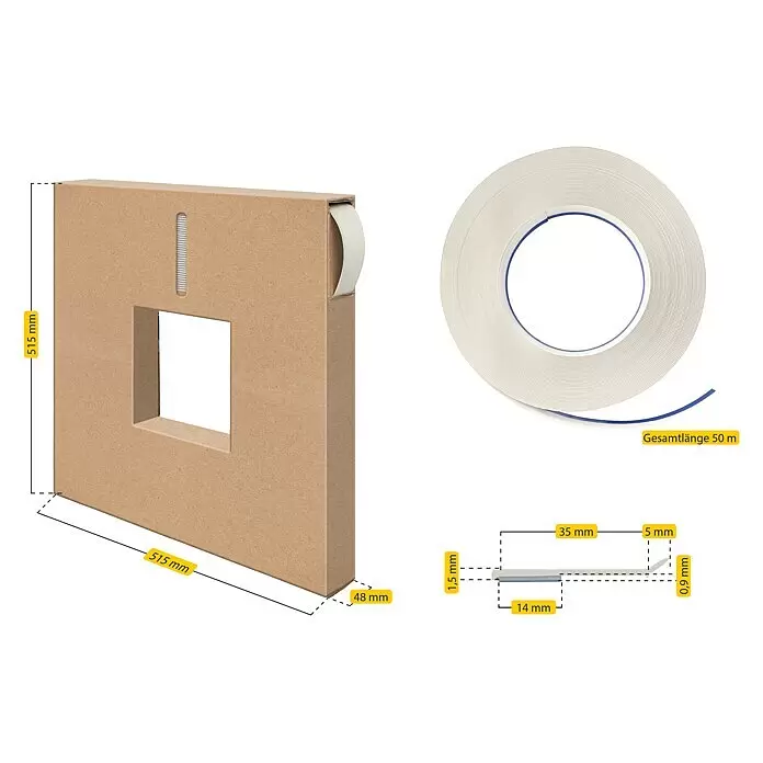 Schellenberg Flachleiste - 50 m x 40 mm x 1,5 mm, Weiß - Ein brauner Kartonspender mit einer Rolle beigem Kantenband. Abmessungen: Band 14/35x0,9/1,5mm, 50m lang; Spender 515x515x48mm.