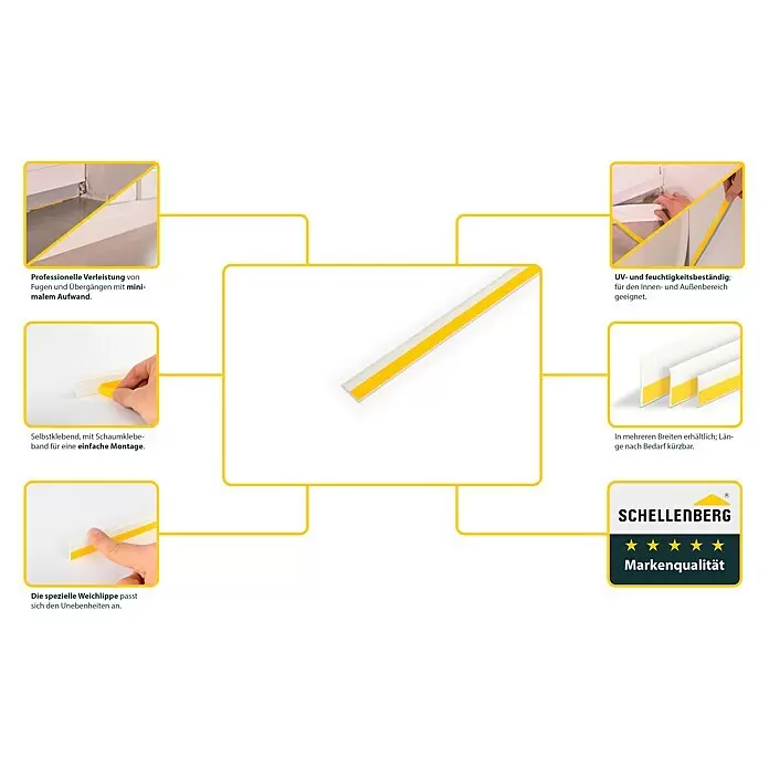 Schellenberg Flachleiste - 1,5 m x 30 mm x 2,5 mm, Weiß - Weißes selbstklebendes Dichtprofil mit gelber Rückseite, im Einsatz zur Fugenabdichtung gezeigt, anpassungsfähig und langlebig.