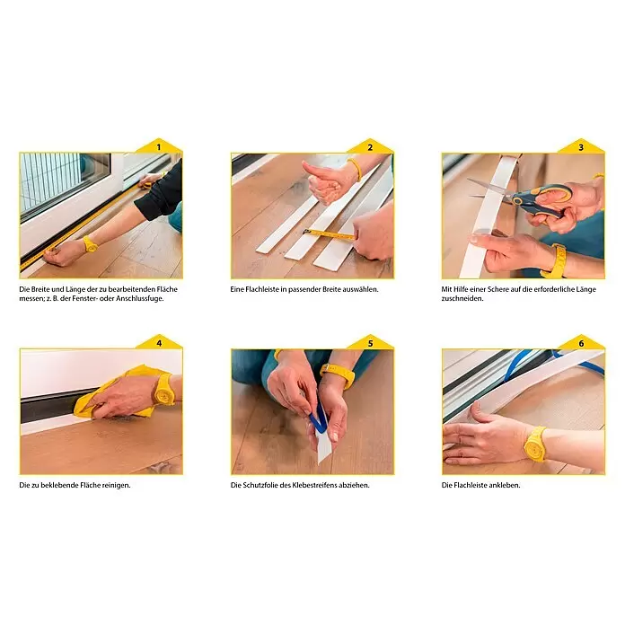 Schellenberg Flachleiste - 50 m x 30 mm x 1,5 mm, Weiß - Anleitung zur Montage einer selbstklebenden weißen Flachleiste. Schritte umfassen Messen, Zuschneiden, Reinigen und Anbringen der Leiste.