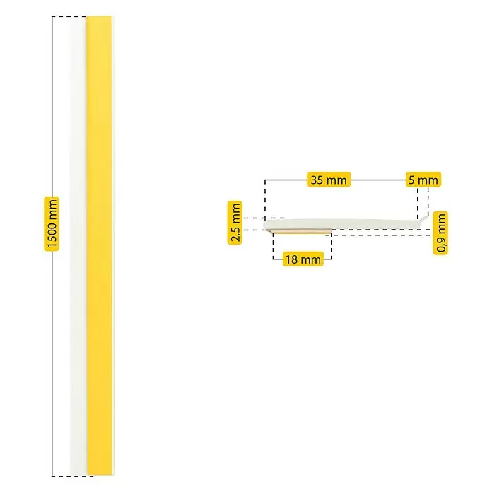 Schellenberg Flachleiste - 1,5 m x 40 mm x 2,5 mm, Weiß - Weißes selbstklebendes Profil mit gelbem Träger, 1500mm lang. Querschnitt zeigt 35mm Breite, von 2,5mm auf 0,9mm Dicke zulaufend.