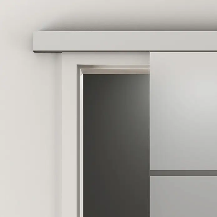 Diamond Doors Schiebetürbeschlag Linea 40 - Aluminium, Art Beschlag: Geschlossen, 1.900 mm, Passend für: Diamond Doors Glasschiebetüren - Ein schlichtes, modernes Schiebetürsystem in Weiß, das sich ideal für minimalistische Interieurs eignet. Die Tür bietet Funktionalität und Ästhetik.