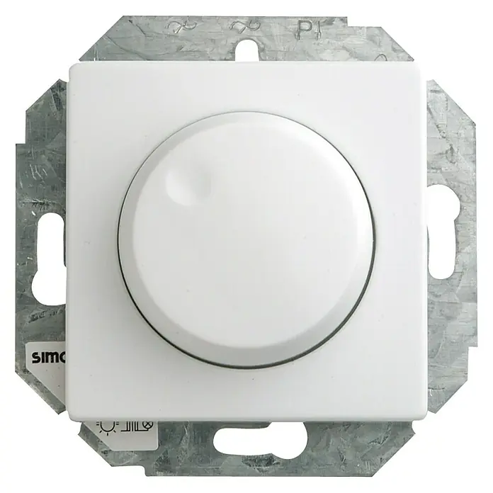 Simon 27 Regulador luminoso - Blanco, Aluminio, Instalar - Primer plano de un regulador de luz blanco con botón giratorio y marco metálico plateado. Ideal para ajustar la intensidad de la luz.