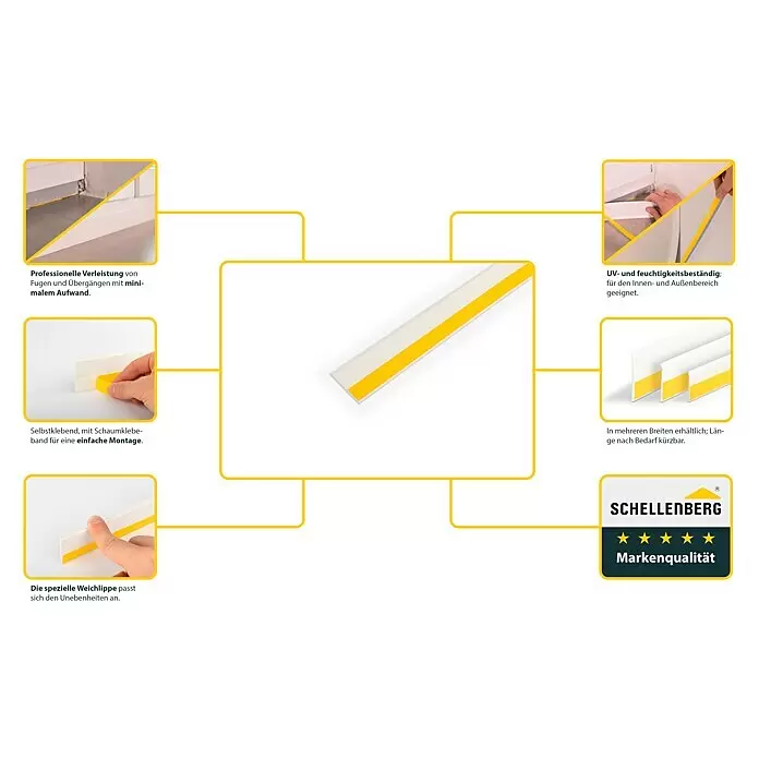 Schellenberg Flachleiste - 1,5 m x 50 mm x 2,5 mm, Weiß - Selbstklebende weiße Dichtleiste mit gelbem Klebeband, flexibel und UV-beständig, zur Fugenabdeckung.