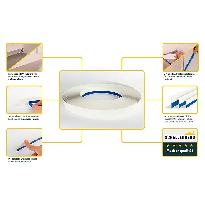 Schellenberg Flachleiste - 50 m x 30 mm x 1,5 mm, Weiß - Weißes selbstklebendes Dichtprofil, als Rolle und in Anwendungsbeispielen für professionelle Fugenabdichtung gezeigt.