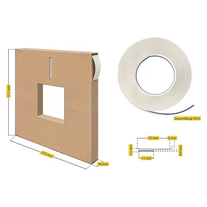 Schellenberg Flachleiste - 50 m x 30 mm x 1,5 mm, Weiß - Beiges Kantenband, 50 m lang, auf einer Rolle und in einem Pappspenderkarton mit Maßen dargestellt.