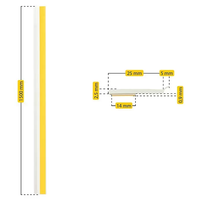 Schellenberg Flachleiste - 1,5 m x 30 mm x 2,5 mm, Weiß - Weiße Profilleiste mit gelber Klebeschicht, 1500 mm lang. Profildimensionen: Breiten 14-25 mm, Dicken 0,9-2,5 mm.
