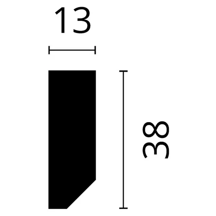 Nmc Decoflair Zierprofil M38 - 2 m x 1,3 cm x 3,8 cm, Hochverdichtetes extrudiertes Polymer (HDPS) - Profilansicht eines Produkts mit den Maßen 13 x 38 mm, dargestellt in Schwarz und Weiß.
