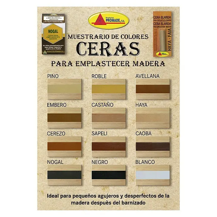 Promade Cera para madera Blister - Avellana, 25 g, Satinado - Muestrario de colores de la cera reparadora para madera "Ceras Para Emplastecer Madera" en varios tonos.