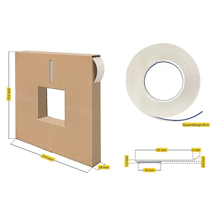 Schellenberg Flachleiste - 50 m x 50 mm x 1,5 mm, Weiß - Beiges Kantenband (50m) in braunem Kartonspender; detaillierte Maße gezeigt.