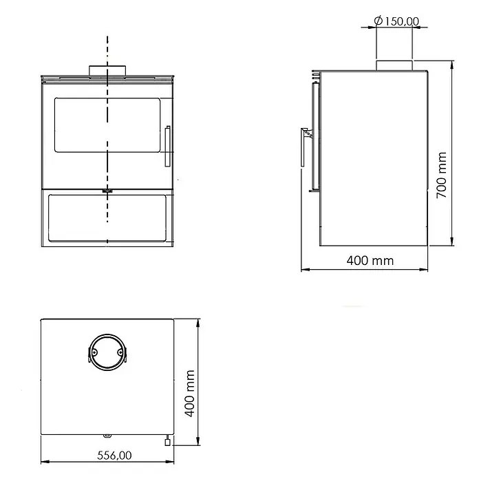 Estufa de leña Yolo - 6,5 kW - 8,27 kW, Volumen de calefacción: 146 m³, Negro - Representación de las dimensiones de una estufa de leña. Las medidas de la estufa se indican en milímetros.