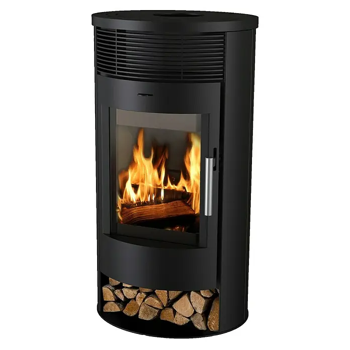 Estufa de leña Elide Ventilada - 6,3 kW, Volumen de calefacción: 180 m³, Negro - Estufa de leña negra con leños debajo y fuego visible a través de la puerta de cristal.