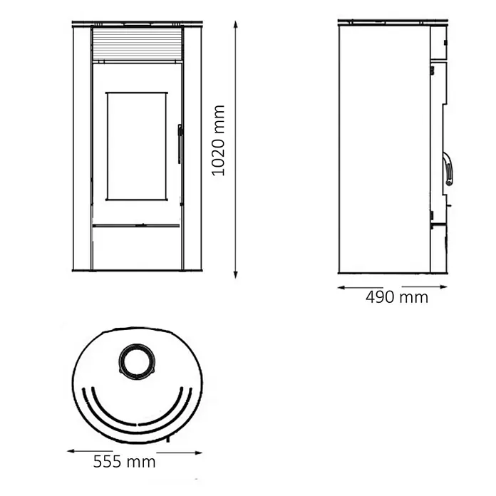 Estufa de leña Elide Ventilada - 6,3 kW, Volumen de calefacción: 180 m³, Negro - Dibujo esquemático de una estufa de leña con dimensiones. La estufa mide 1020 mm de alto, 490 mm de profundidad y 555 mm de ancho.