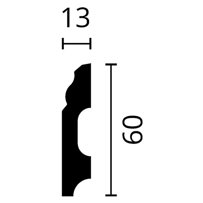 Nmc Decoflair Zierprofil Sockelleiste C60 - 2 m x 1,3 cm x 6 cm, Hochverdichtetes extrudiertes Polymer (HDPS) - Profilbild eines Zierprofils mit den Maßen 13 x 60 mm, ideal für dekorative Anwendungen.