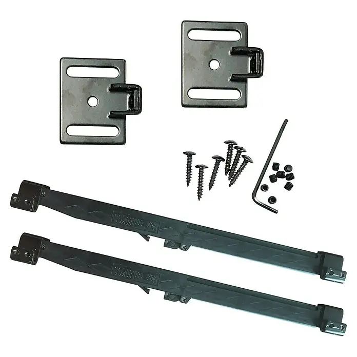 Radex Türschließdämpfer Design Line - 307,3 x 28,5 x 17,6 mm, Stahl, Schwarz matt - Bild von Möbelbeschlägen, inklusive Halterungen, Schrauben, einem Inbusschlüssel und zwei Auszugsschienen für Schubladen.