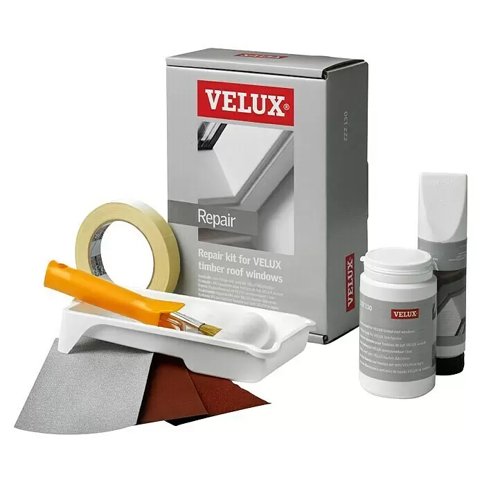 Velux Reparaturlack ZZZ 130KH - Passend für: VELUX Holzdachfenster weiß lackiert - VELUX Reparatursatz für Holz-Dachfenster, mit Box, Farbe, Applikationswerkzeugen, Abdeckband und Schleifpapier.