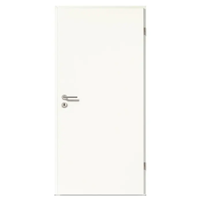 GetaDoor Laminit Zimmertür GL 223 - 860 x 1.985 mm, DIN Anschlag: Rechts, Weiß seidenmatt, Röhrenspan - Eine schlichte, weiße Tür mit einem modernen Türgriff und dezenten Scharnieren, ideal für ein minimalistisches Interieur.