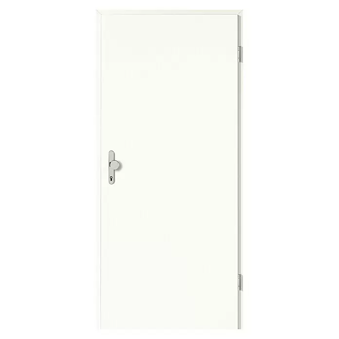 GetaDoor Laminit Wohnungseingangstür GL 223 - Klimaklasse nach RAL: III, 985 x 2.110 mm, DIN Anschlag: Rechts, Weiß seidenmatt - Weiße Tür mit silbernem Griff, Schlüsselloch und Scharnieren.