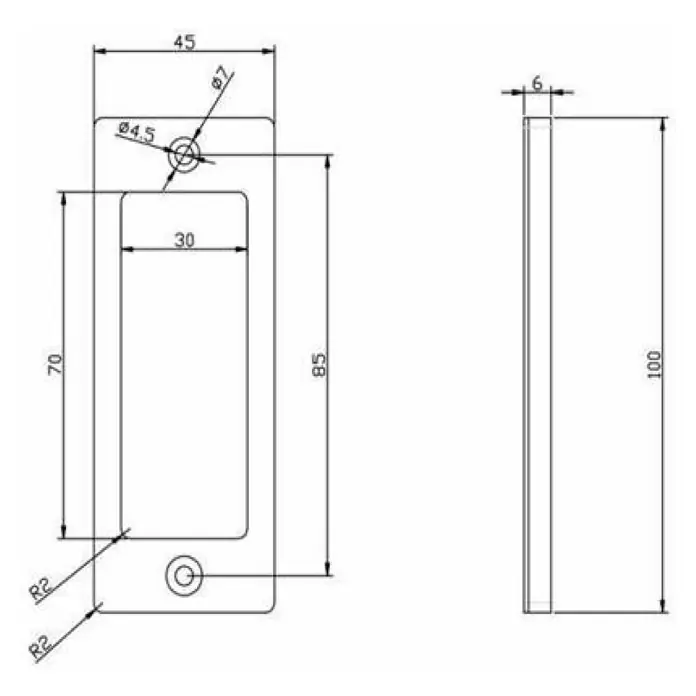 Radex Griffmuschel - 100 x 45 x 6 mm, Stahl, Schwarz matt - Technische Zeichnung eines rechteckigen Türgriffs mit abgerundeten Ecken und Befestigungslöchern, Maße in Millimetern angegeben.