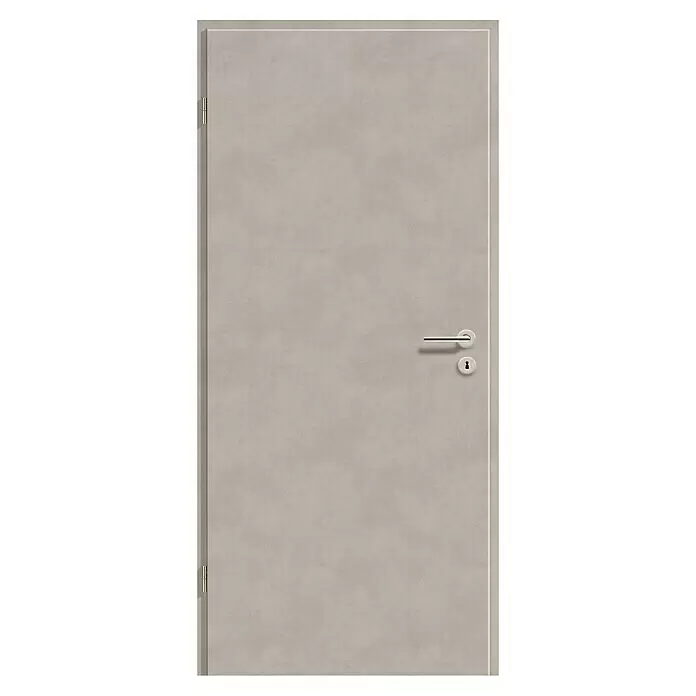 GetaDoor Laminit Zimmertür GL 434 - 735 x 1.985 mm, DIN Anschlag: Links, Semento Betonoptik, Röhrenspan - Hellgraue, texturierte Innentür mit minimalistischem Griff, Schlüsselloch und sichtbaren Scharnieren.